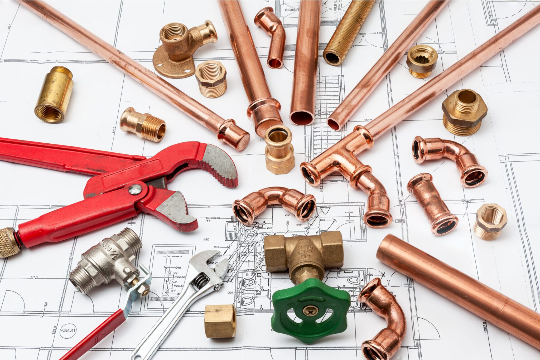 Copper pipe fittings and plumbing parts for Greenfield, California repairs