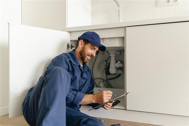 Residential plumber reviewing plumbing repairs in a Greenfield kitchen