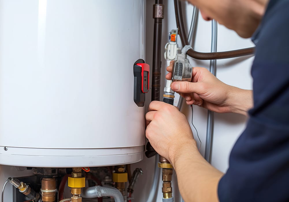 Technician repairing pipes connected to a water heater in Greenfield
